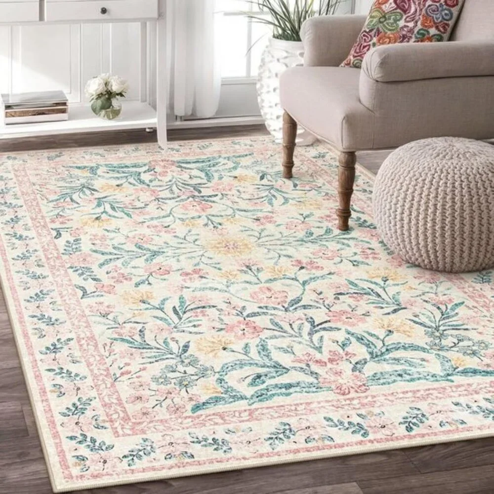 New 5x7 Pink Nursery Area Rug, Washable Non-Slip Floral Carpet for Girls Room
